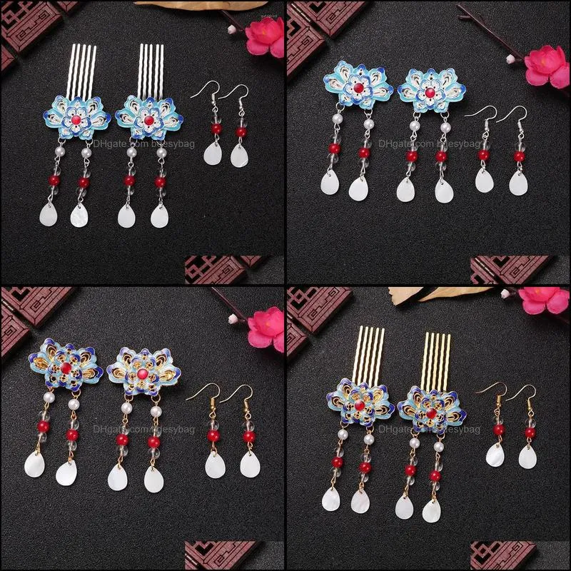 classical chinese costume accessories step rocking cloisonne headdress tassels hairpin burning blue hair decoration comb and com1
