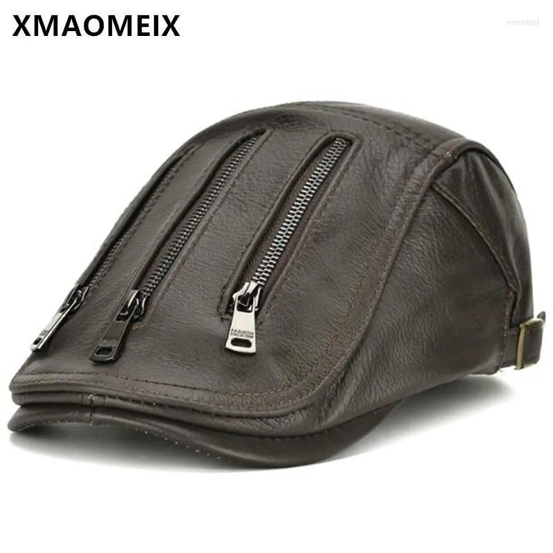 BERETS XMAOMEIX Snapback Cap Natural Cowhide Läder Män Justerbar storlek Spring Novelty Personlighet Huvudbonad Decoration Hat Wend22