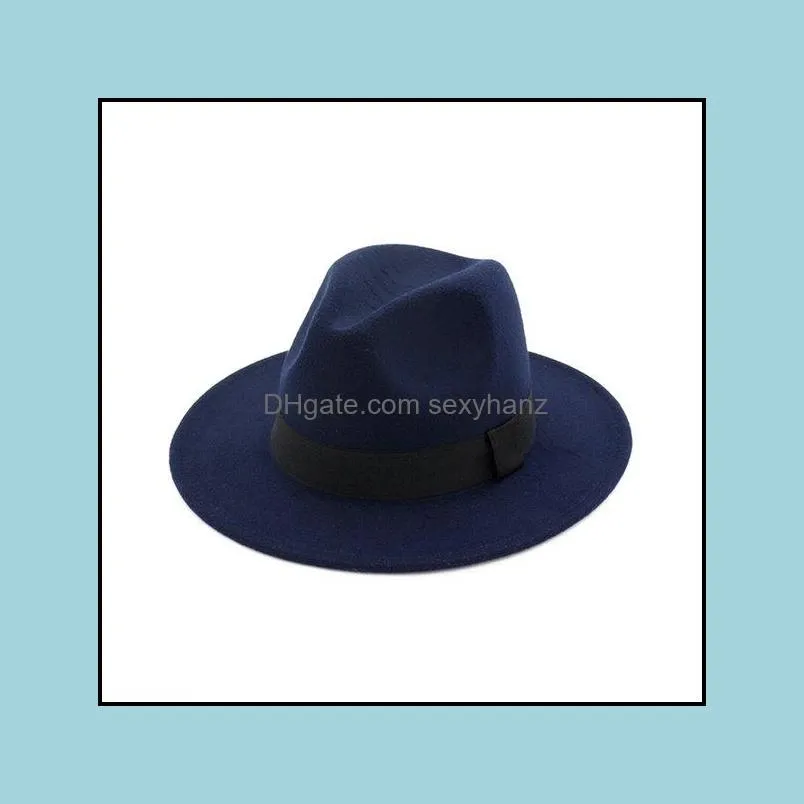 trend unisex wool felt jazz fedora hats casual men women ribbon band wide brim felt hat panama trilby formal party cap