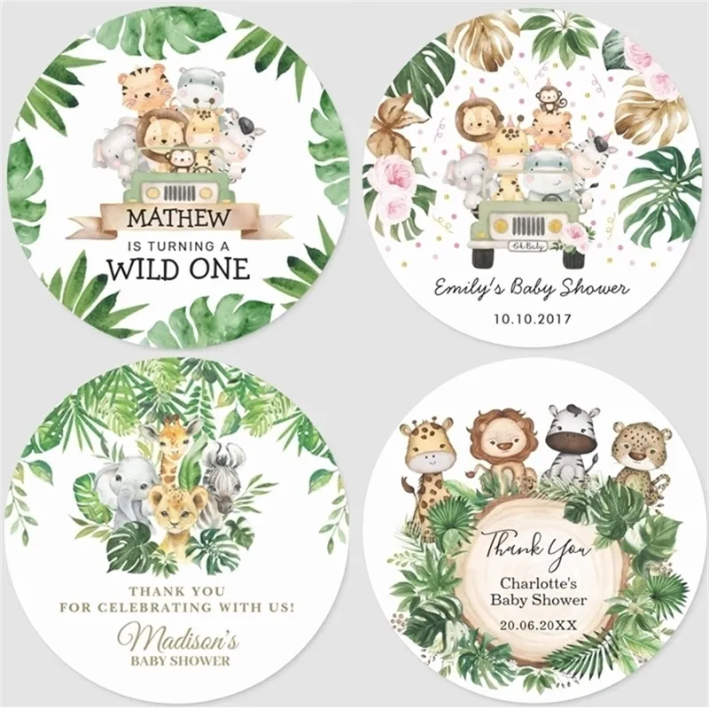 Özel Düğün Etiketleri Kişiselleştirilmiş Vaftiz Hayvan Ormanı Koleksiyonu Doğum Günü Mühür Çıkartmaları Parti Dekor Malzemeleri D220618