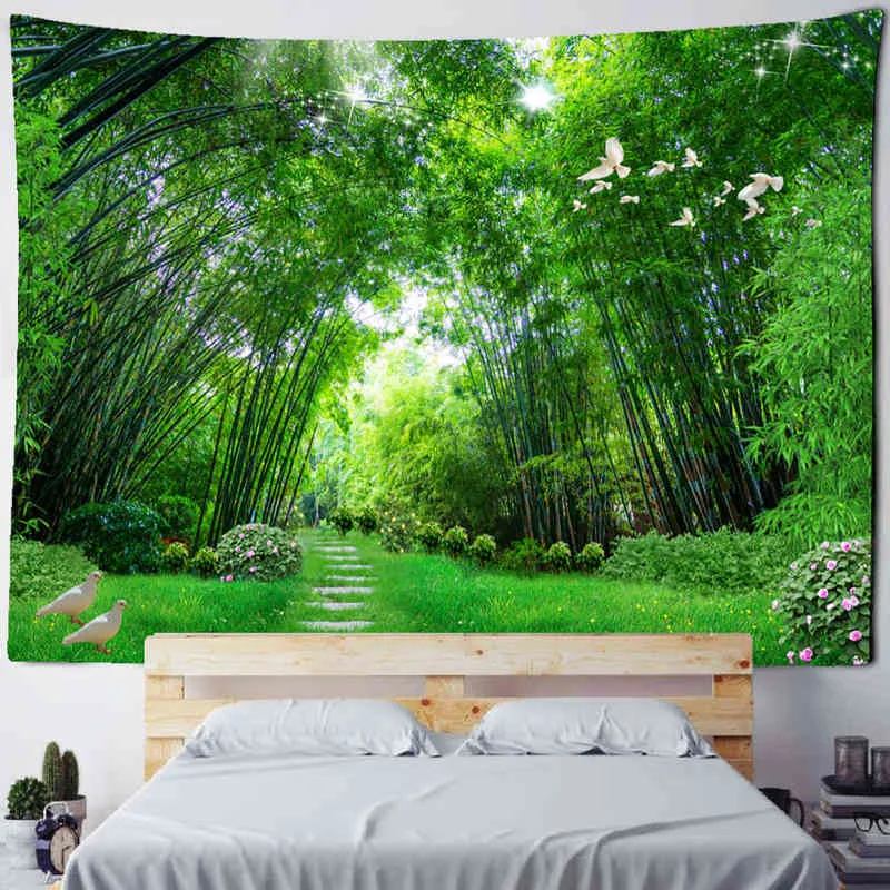 Natuurlijk bamboe bos tapijt Tapestry Boheemse woninginrichting Comfort Wall tapijten dingen om de kamerwand hanger muur tapijten Tapiz J220804 te versieren