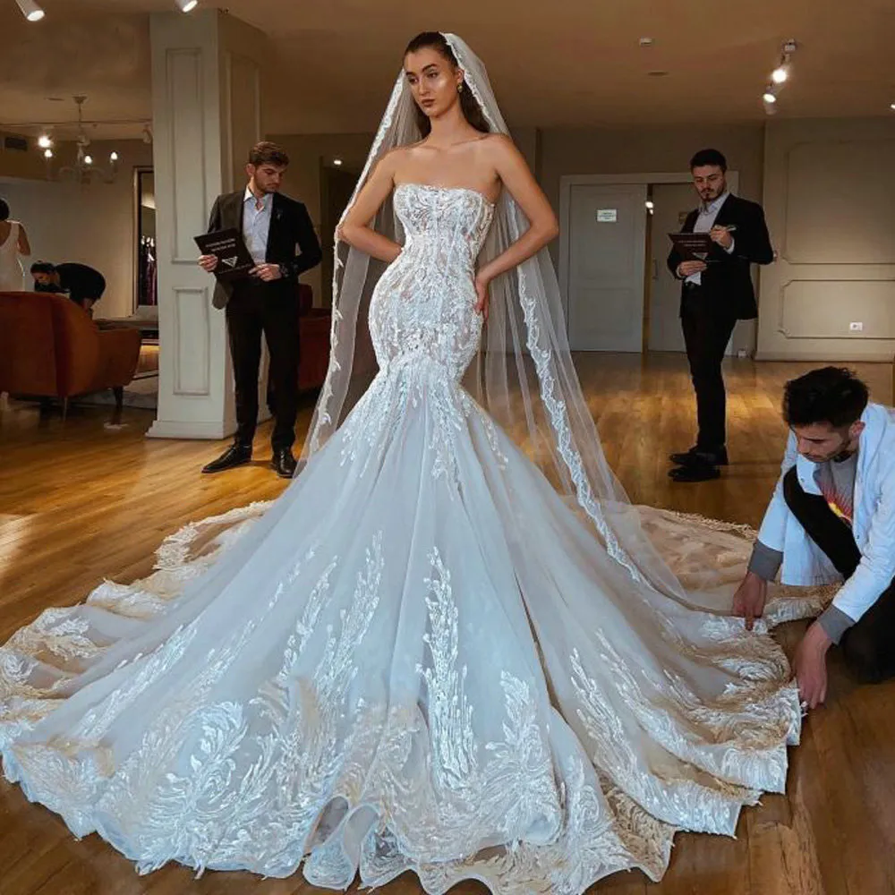 Elegant Long Sleeves Appliques Vestido De Noiva Lace-up back Mermaid Wedding Dress Sexy Backless Vestidos De Novia