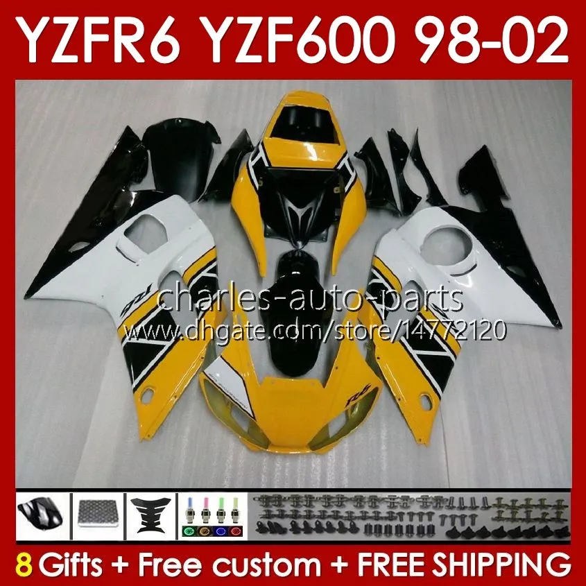 Body Frame For YAMAHA YZF-600 YZF R6 R 6 600CC YZFR6 1998 1999 00 01 02 Bodywork 145No.13 YZF 600 CC Cowling YZF-R6 98-02 YZF600 98 99 2000 2001 2002 Fairing Kit yellow white blk