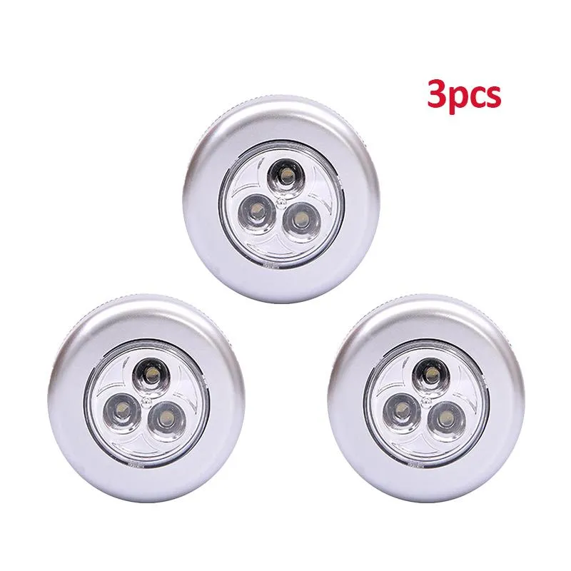 Wall Lamp 2/3pcs 3 LED Touch Control Night Light Round Under Cabinet Closet Push Stick On Home Kitchen Bedroom Automobile UseWall WallWall