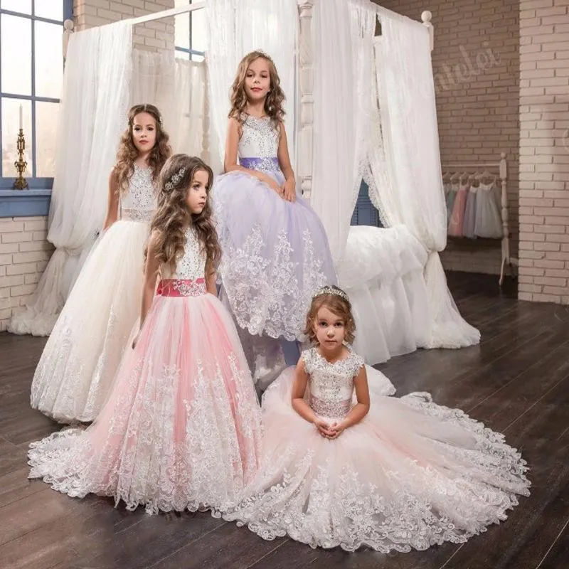 Girl's Dresses Purple Flower Girl Beaded Crystal Lace Up Applique Ball Gown First Communion Dress For Girls Customized Vestidos Longo