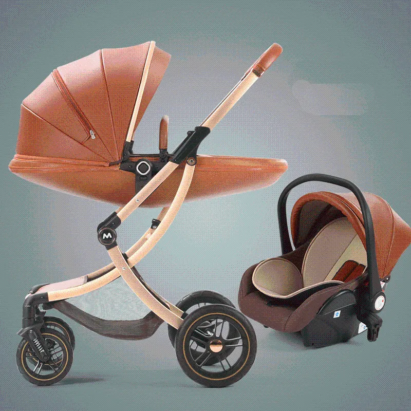 Carrinhos# Carrinho de bebê de luxo 3 em 1 com assento de carro casca de ovo nascido em couro alto paisagismoCarrinhos#