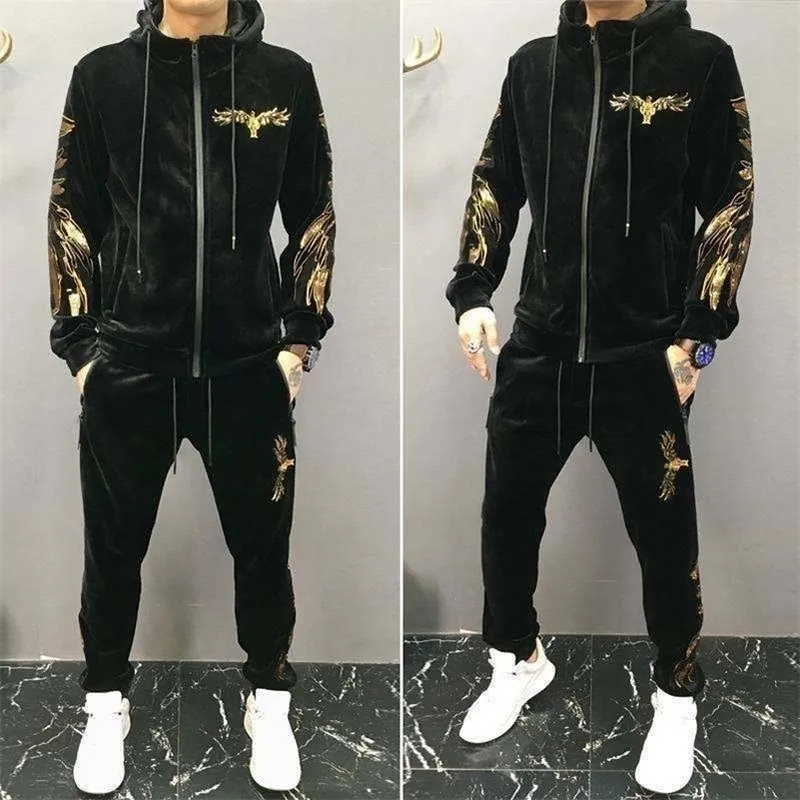 Gold Velvet Rembourré Pleuche Casual Sports Suit Mens Slim Winter TwoPiece Mens Fashion 201109