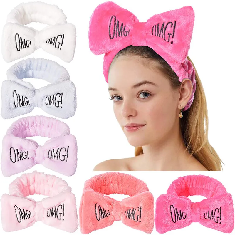 Fasce per capelli Sweet OMG Letter Wash Face Hair Holder Hairbands Coral Fleece Bow Fascia per le donne Ragazze Turbante Accessori per capelli