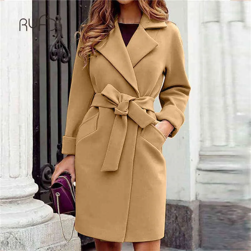 Ryfix Winter Dames Wool Lange jas Elegante massieve revers Blend jas met riem Jacket Vintage Office Lady Slim Fit vrouwelijke overjas T220714