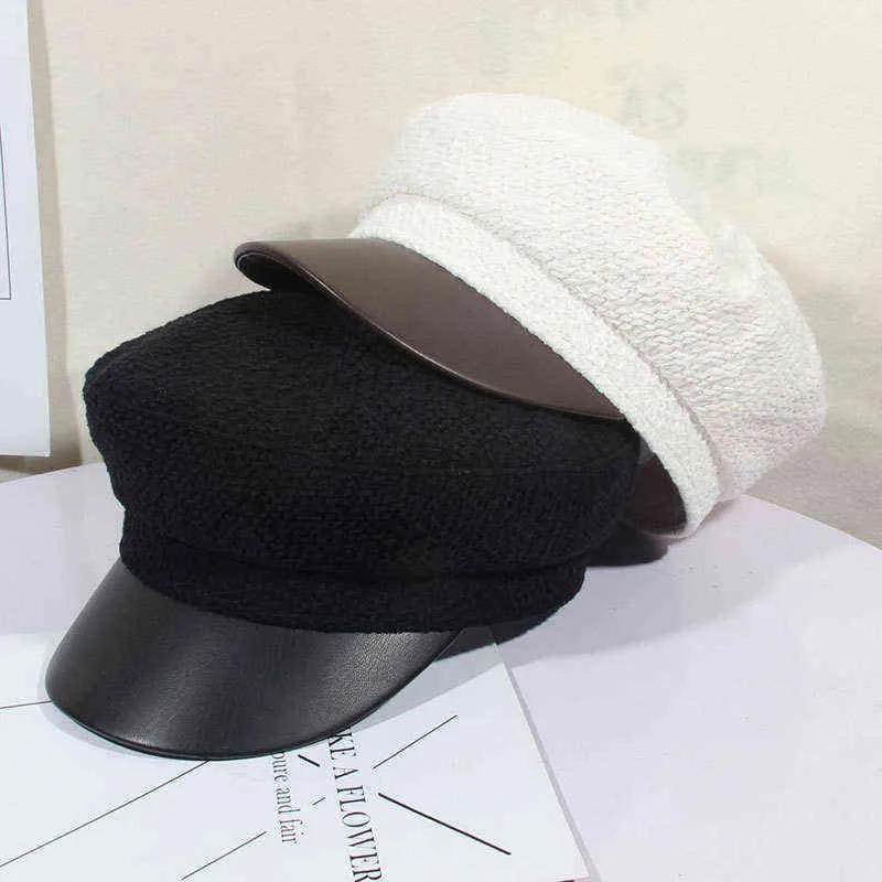 Wojskowe czapki czapki beret zimowe czapki dla kobiet mężczyzn pu skórzana krawędź dzianina czapka czarna kość żeńska vintage gorra militar J220722