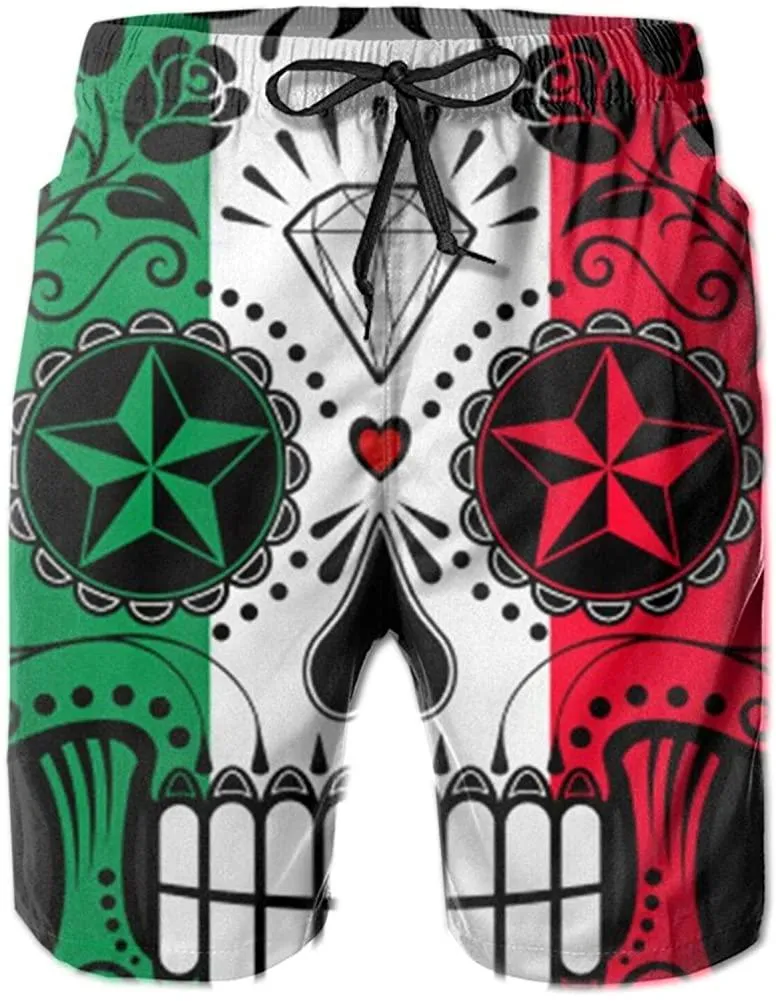 Shorts masculinos masculinos baús de natação mexicana bandeira de açúcar suor rápido com forro de malha