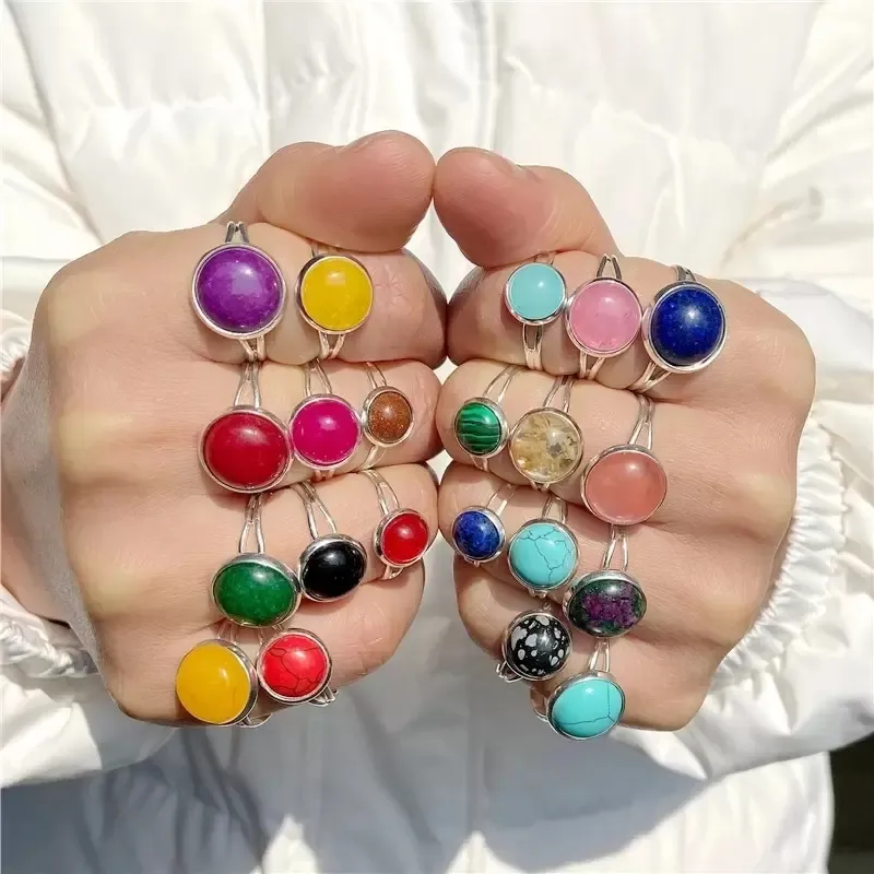 Fashion Stone Rings For Women Men Colorful Agate Jades Quartz Sliver Color Resizable Finger Ring 8 10 12mm Cabochon Rings Wedding Jewelry