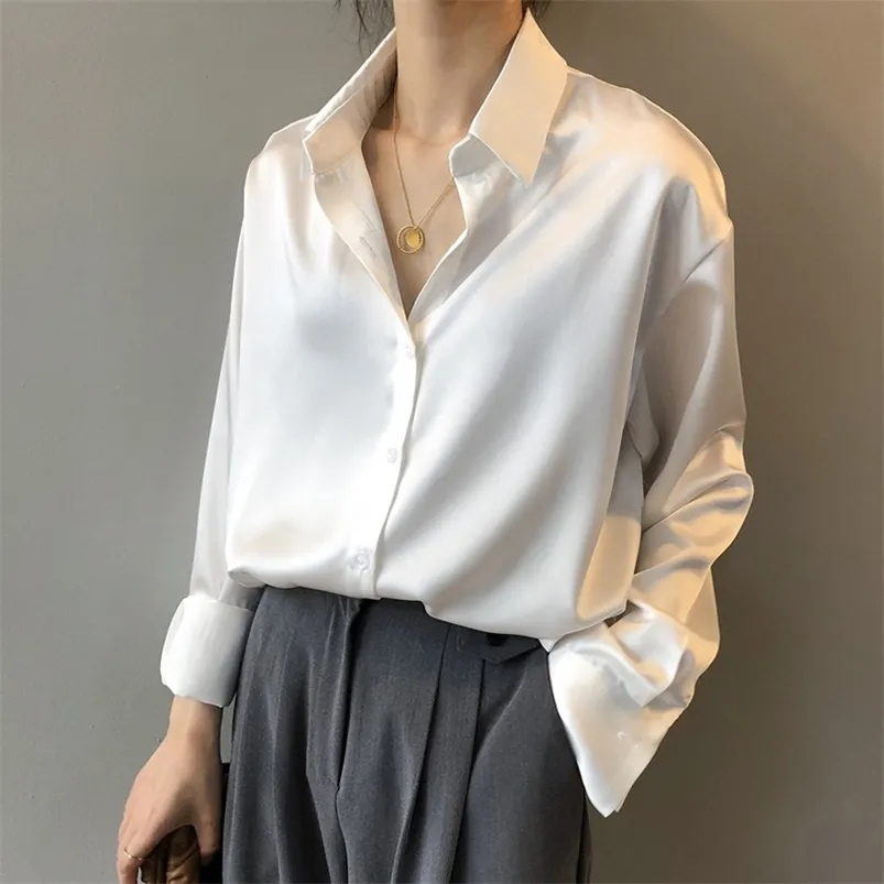 2020 Modna guzika satynowa jedwabna koszulka Kobiety Kobiety w stylu białego koszule z długim rękawem Tops Panie Elegancka koreańska koszula biurowa LJ200831