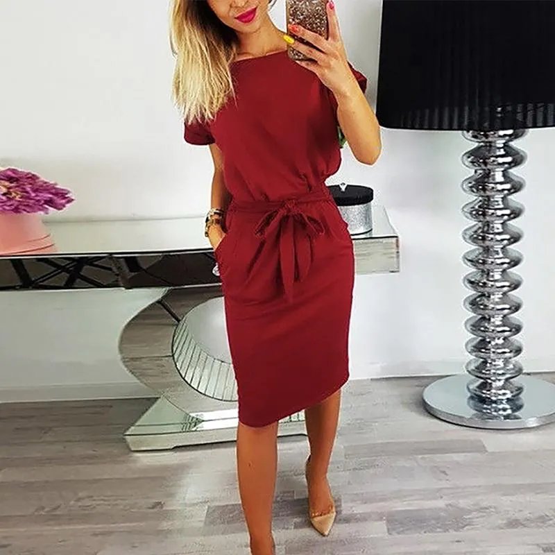 Casual Dresses Summer Solid Color Pocket Boho For Women Elegant Office Dress Ladies Short Sleeve Party Night Club Clothing Casual