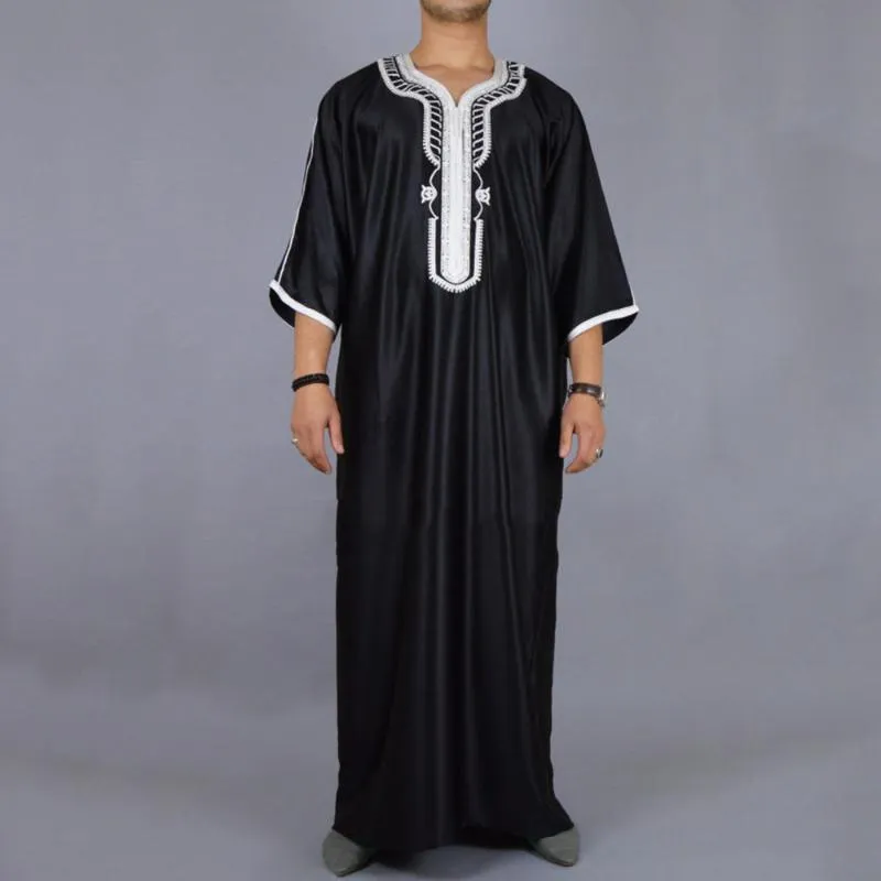 Ethnische Kleidung Muslimischer Mann Kaftan Marokkanische Männer Jalabiya Dubai Jubba Thobe Baumwolle Langes Hemd Lässige Jugend Schwarze Robe Arabische Kleidung P174I