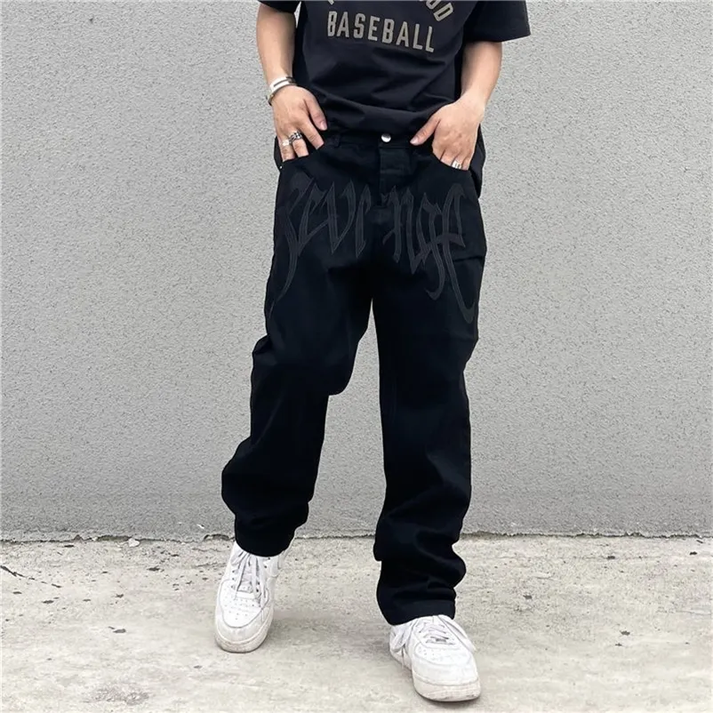 Men's Pants Y2K Emo Fashion Black Streetwear Embroidered Low Rise Baggy Jeans Trousers Straight Hip Hop Alt Denim Male Clothes 220826