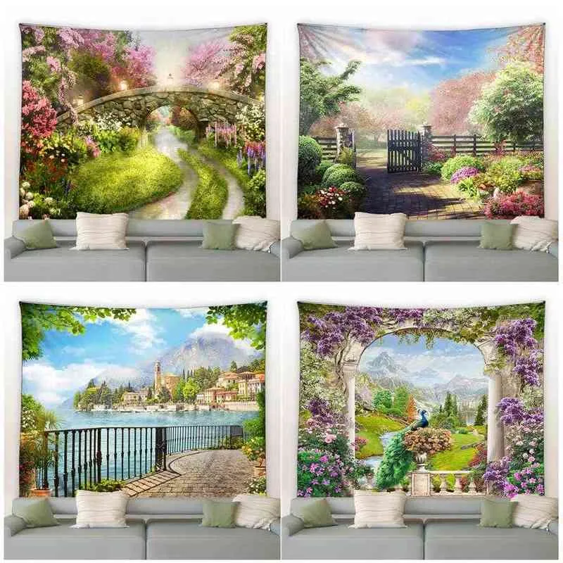 Tapestry European Style Garden Landscape Wall Carpet Forest Arch Bridge Plants