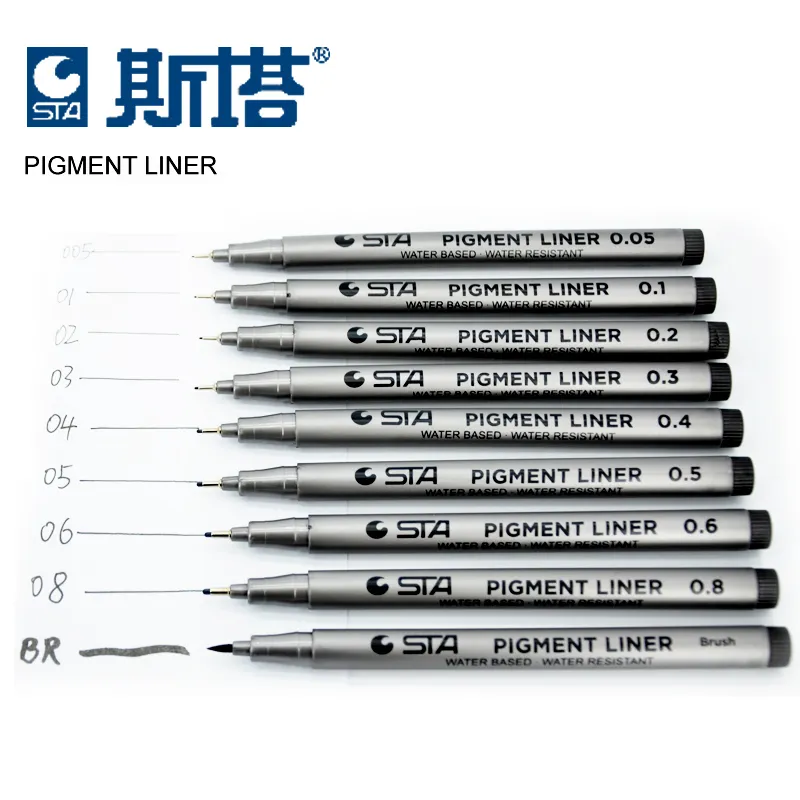 STA 9PCSSET PIGMA MICRON NEEDLE PEN防水フェードプルーフブラシチップファインライナーブラックスケッチウォーターマンガドローイングマーカーペン2010