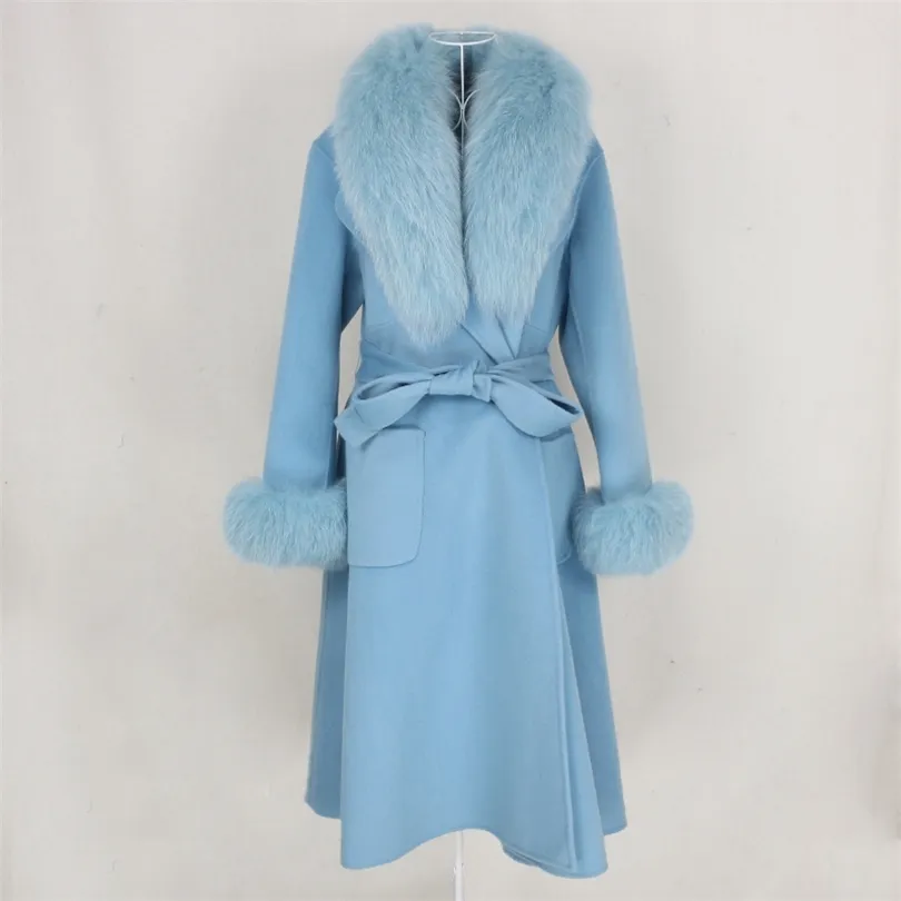 Oftbuy New Xlong Cashmere Wool Blends 실제 모피 코트 벨트 겨울 재킷 여성 자연 모피 칼라 및 커프스 스트리트웨어 201616