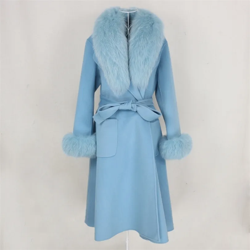 OftBuy New Xlong Cashmere Wool Blends Real Fur Coat Belt Winter Jacket Women Natural Fur Collar and Cuffs Streetwear 201016