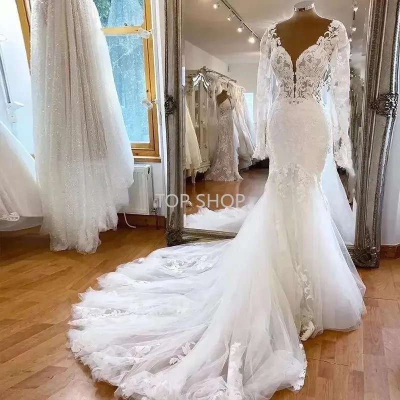 Abiti da sposa a sirena con scollo a V di lusso Abiti da sposa sexy in pizzo pieno Plus Size Illusion Abiti da festa da sposa vestido de novia 2022