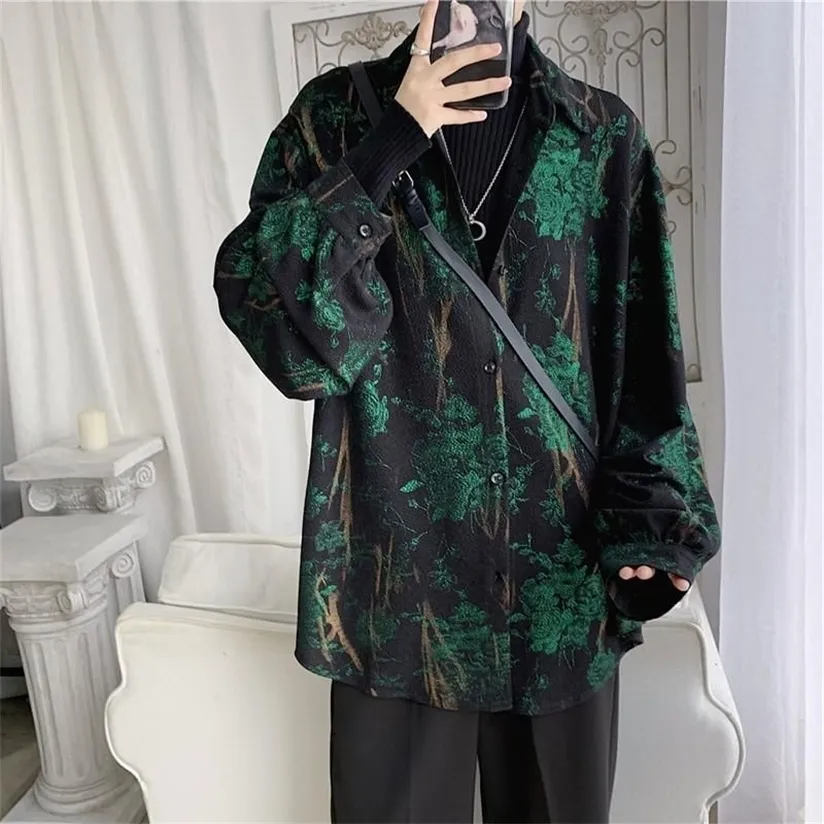 Gömlek Erkekler İlkbahar Sonbahar Retro Retro Mizaç Gül Baskılı Uzun Kollu Gömlek Kore Moda Gevşek Erkek Rahat Boy Coat 220330