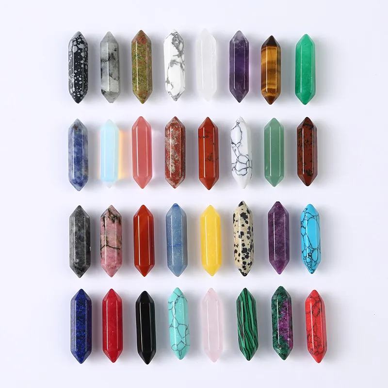 8X32MM Custom Carved Stone Decoration Hexagon Prism Pillar Statue Stone Natural Quartz Crystal Crafts for Jewelry Making Wholesale
