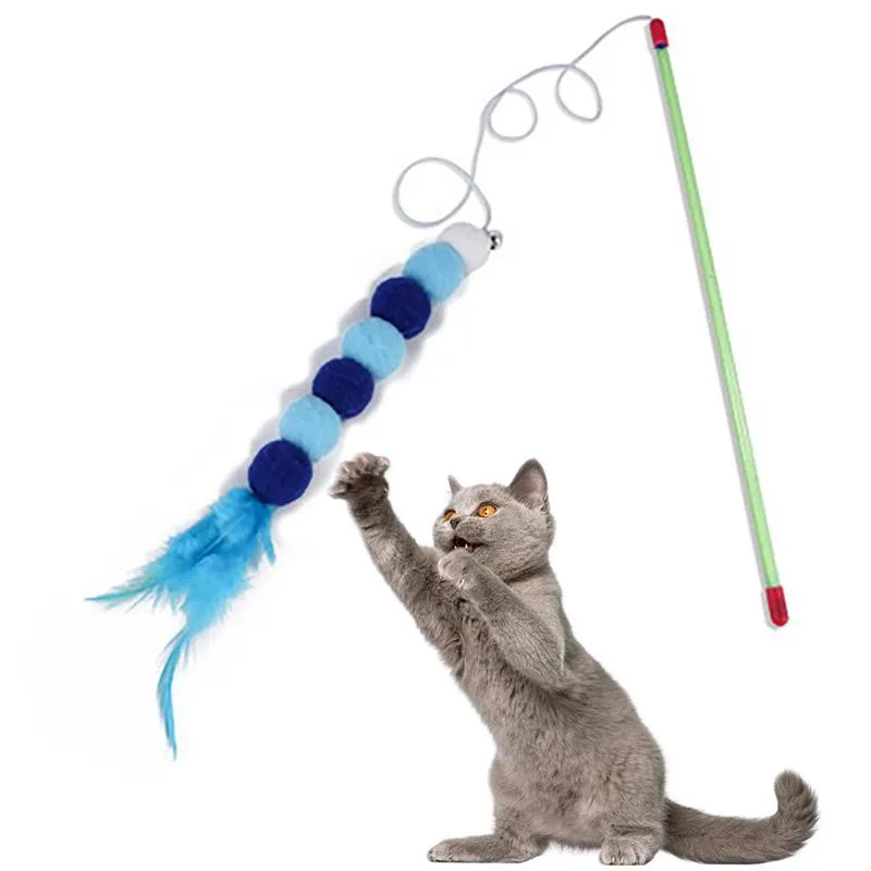 Cat Toys Kapmore 1PC Pom Wand Toy Interactive Funny Feather Teaser Kitten med Bell Pet Supplies Favors