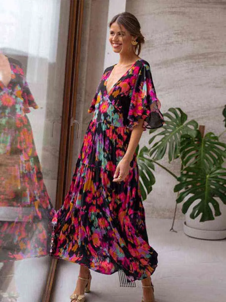 Kvinnor tryckt backless Chiffon V Neck Dress 2022 Summer Fashion Casual Loose Ruffle Short Sleeve Dress Female Resort Wear T220816