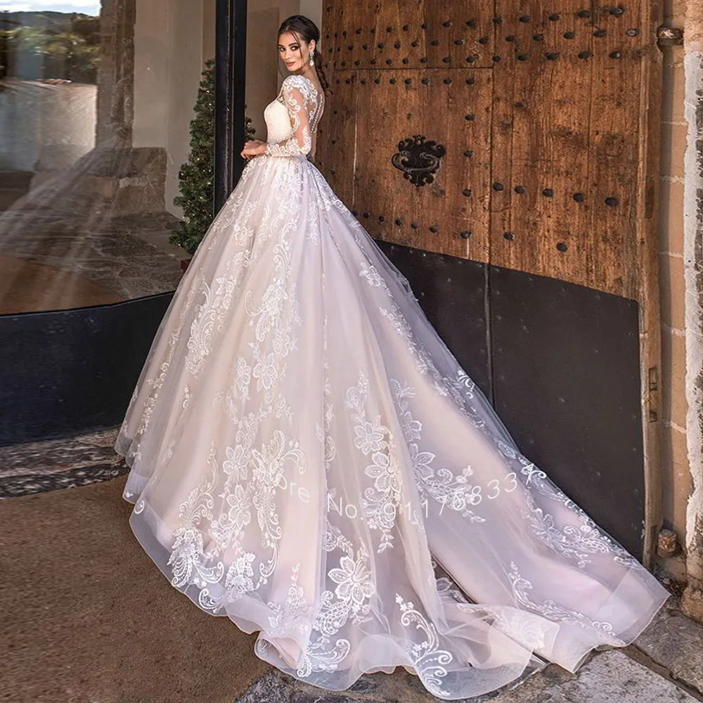 Lace Beautiful Ballgown Wedding Dress with Illusion Back and Long Sleeves, Illusion Train, O-Neckline, and Gorgeous Tulle Skirt - Sukienka NA Wesele