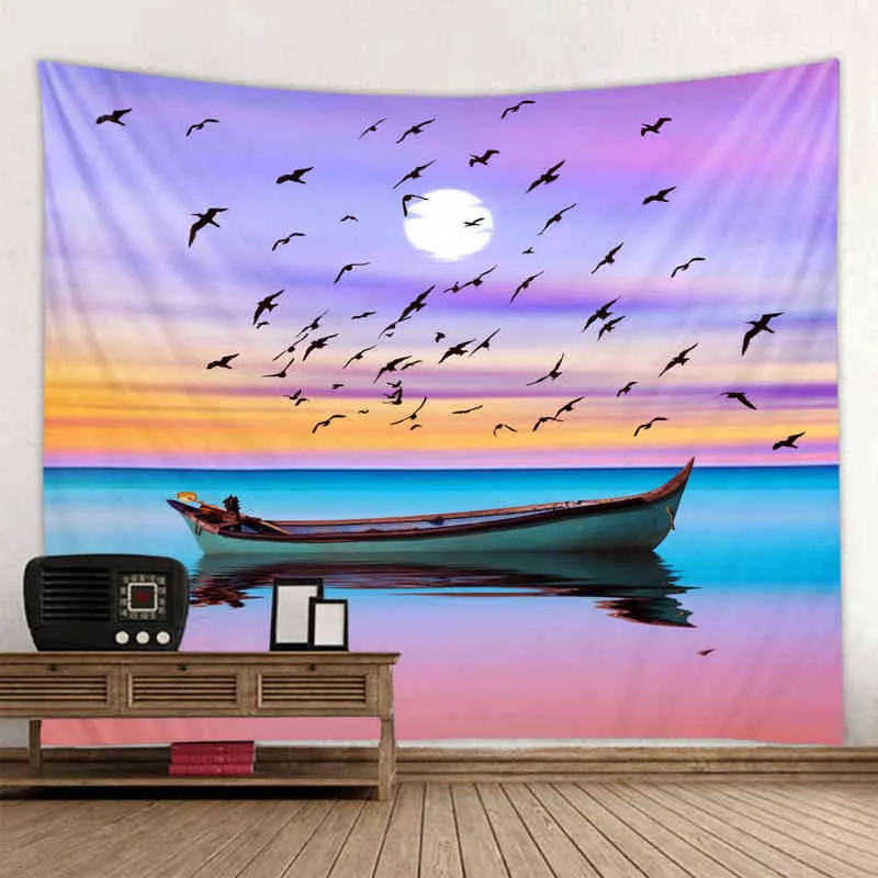 Droom natuur muur tapijten roze paarse lucht zonsondergang landschap oceaan tapiz muur hangende huis boho decor kamer decoratie muur tapijt J220804