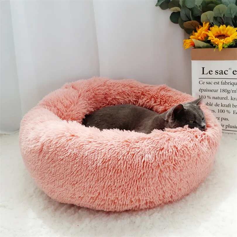 Long Plush Dog Bed Hondenmand Fluffy Pet Bed For Small Large Dogs Puppy Dog Cat House Kennel Round Sleeping Bag Lounger Sofa Mat 201225