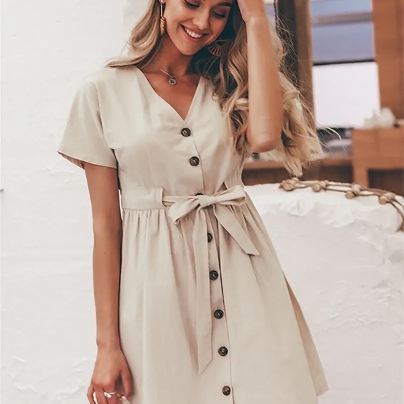Vintage button dress shirt V neck short sleeve cotton linen summer office dresses Casual korean vestidos 220510