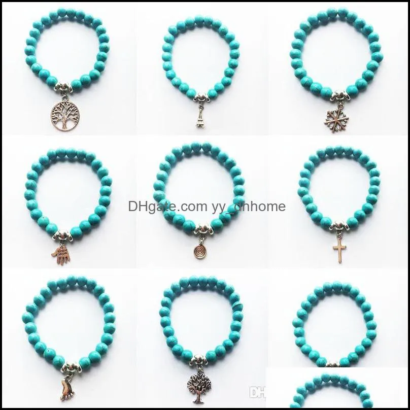NEW Natural Stone Turquoise Prayer Beads Bracelets fish Tree of Life Charm Buddha Bracelet jewelry supplies