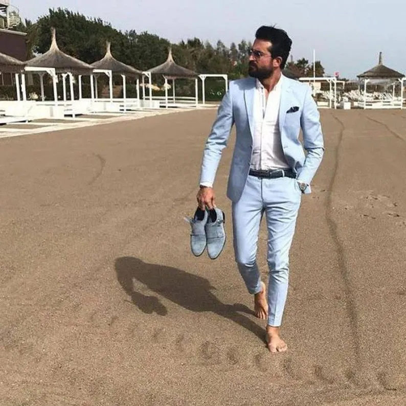 Light Sky Blue Men Suits Summer Beach Wedding Party Tuxedos 2 Piece Slim Fit Groom Wear Dinner Prom Blazer Jacket Pant Sets