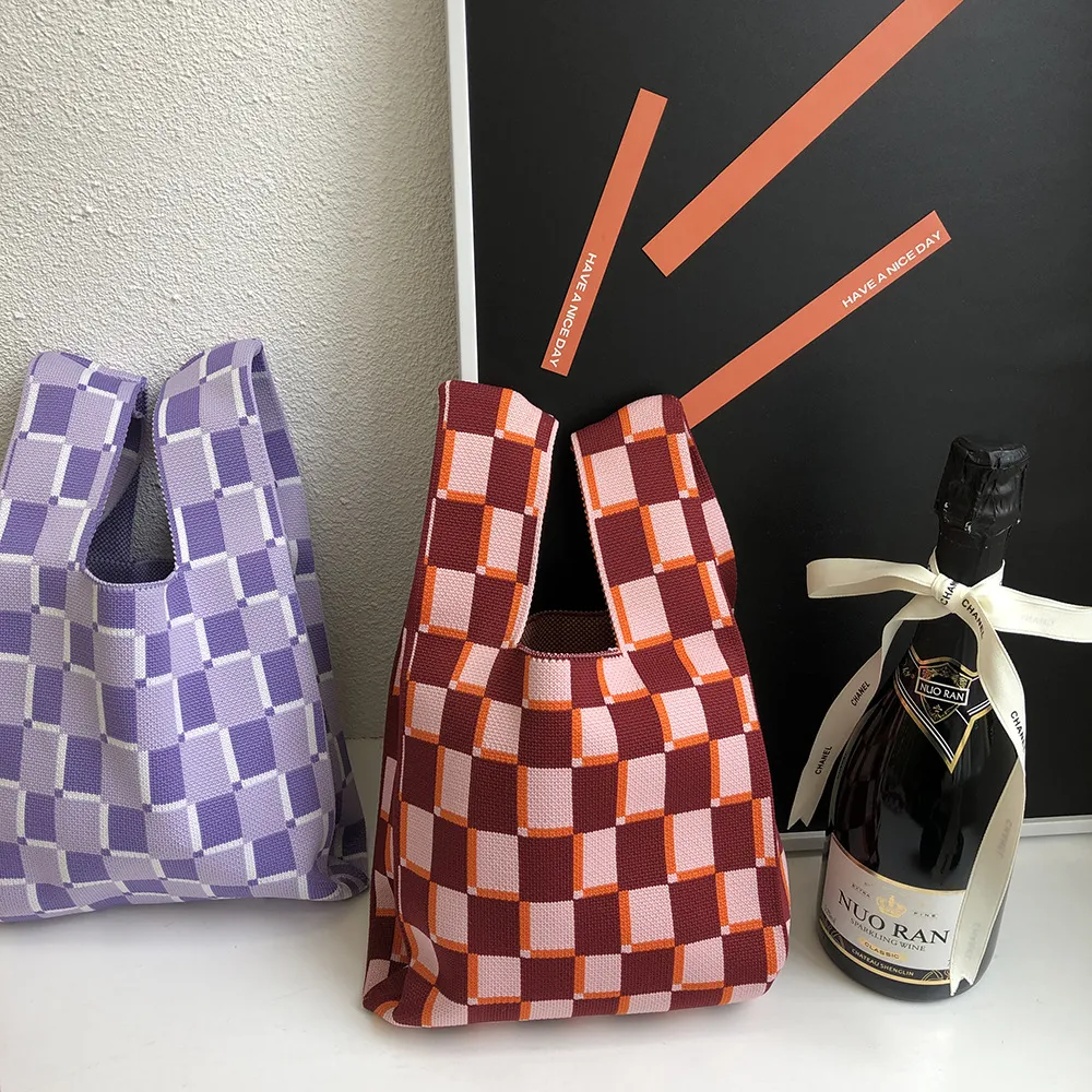 Mini Niche Designer Knitted Checkerboard Pattern Shopping Bags Texture Handbag Casual Tote