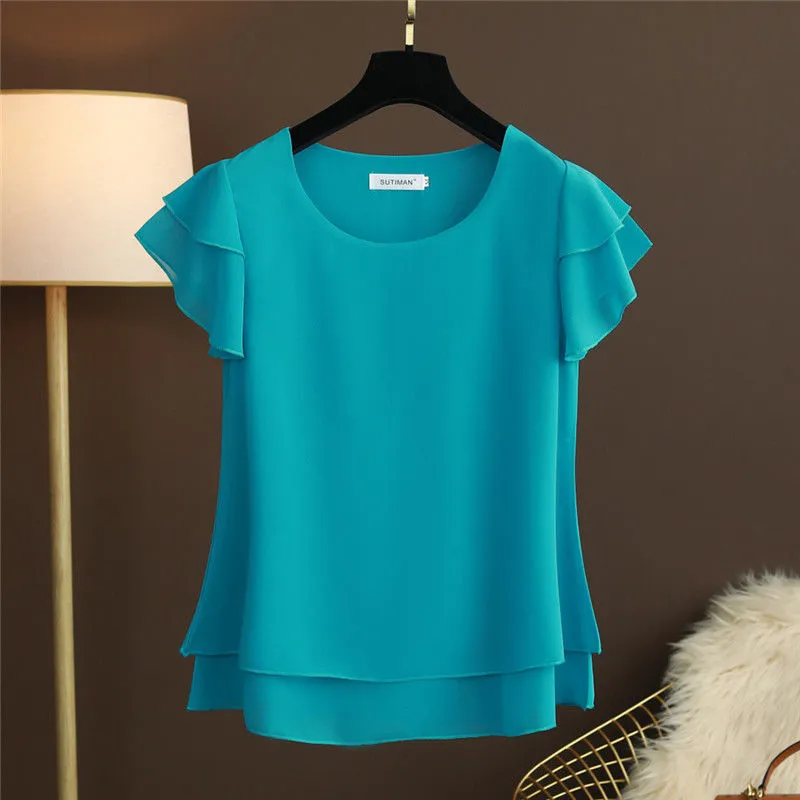 Nueva blusa de verano para mujer, camisa holgada de gasa con cuello redondo, blusa de manga corta para mujer, camisas de gran tamaño, tops y blusas para mujer, Top