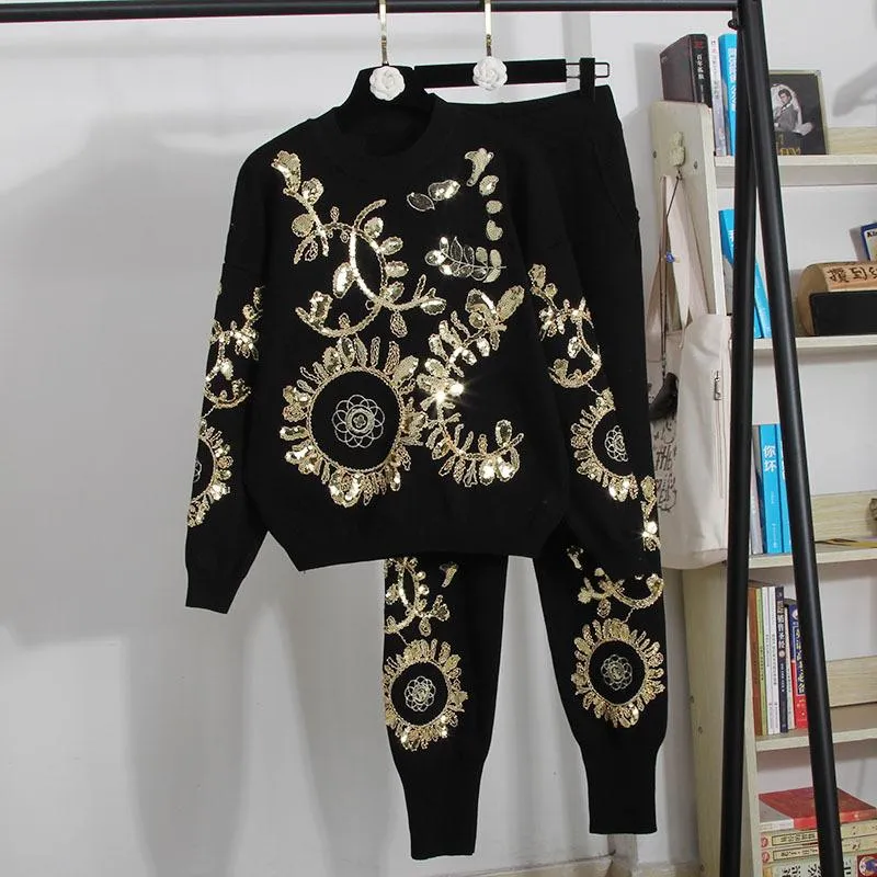 Tweede stuk broek voor dames Fashion Woman Tracksuit 2022 Autumn Winter Set Gold Leaf Disc Flower Borduurwerk Sweater BreaksUitsWomen's