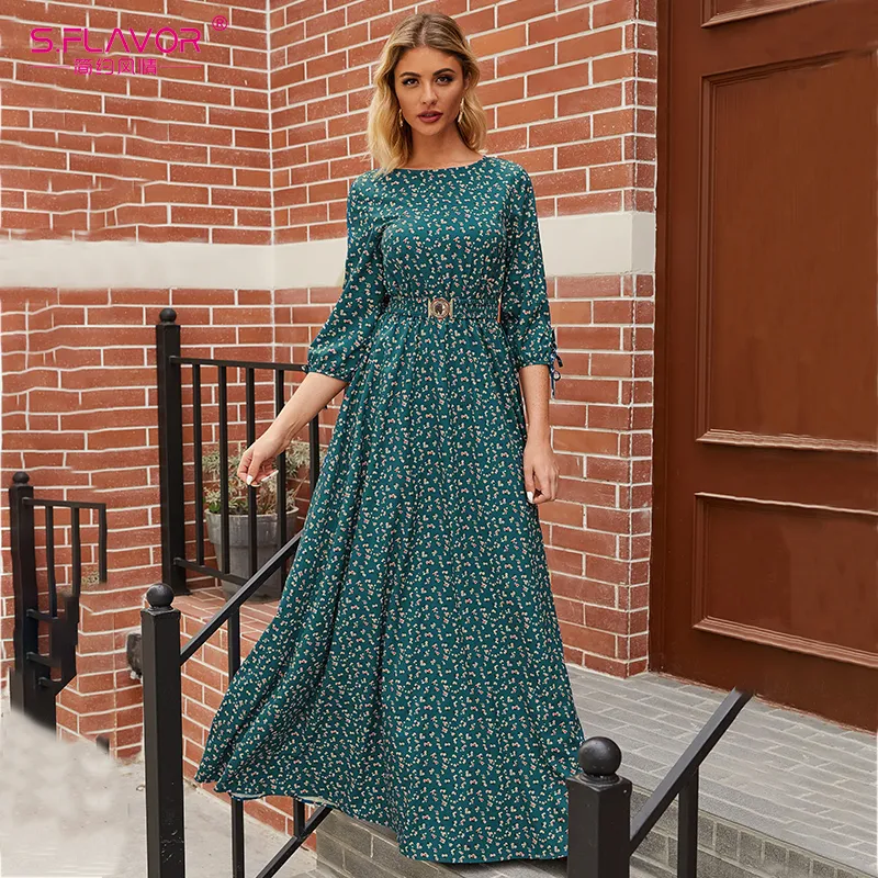 S.Flavor Spring Women Floral Printed Long Dresses Elegant 34 Sleeve Boho Maxi Vestidos Femme Casual Bohemion Women Dress 210303