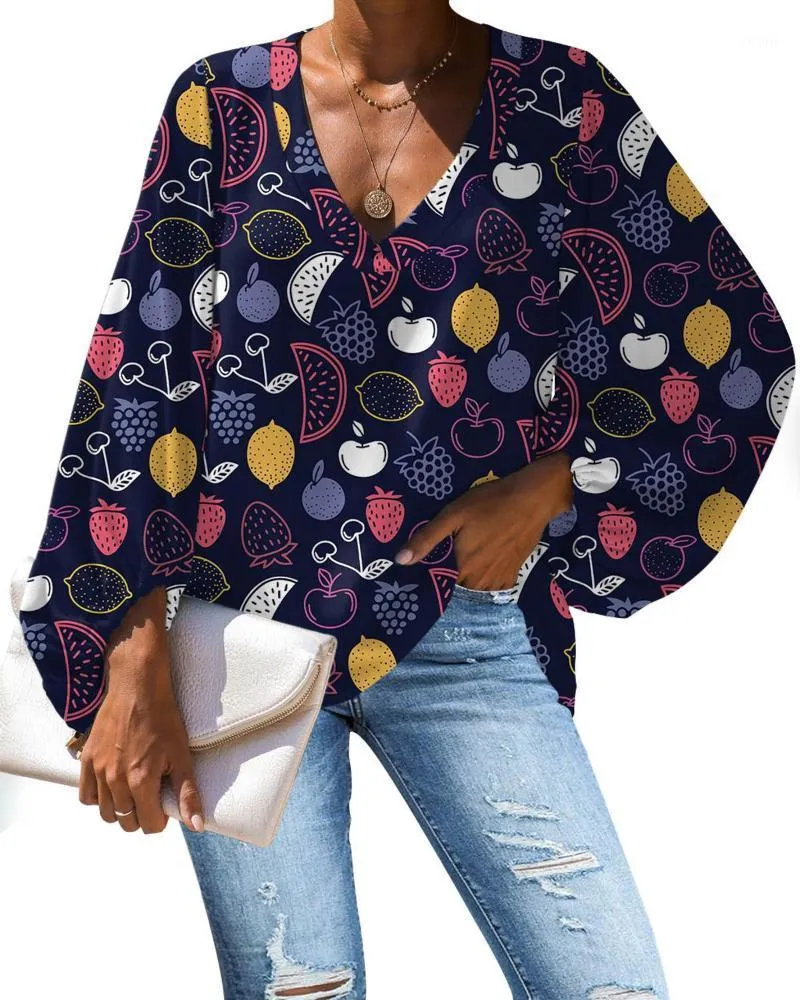 Blouses Femmes Chemises Grande Taille Blouse Femmes Motif De Fruits Drôle 2022 Casual Lâche Chemise À Manches Longues Hauts Col En V Femme Vêtements Chemise