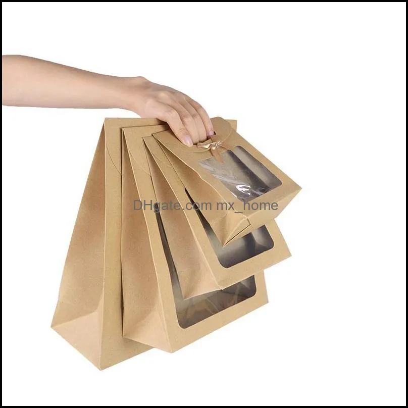 Gift Wrap 2pcs Clear Window Kraft Paper Bags For Packing Food Candy Cookie Popcorn Bag XMAS Wedding Birthday Party Packaging Supplies
