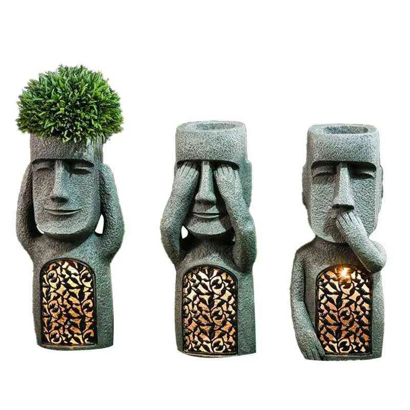 No See/Hear/Speak Evil Garden Easter Island Statue Flower Pot with LED Light Sculpture Planter Outdoor Decoration H220423