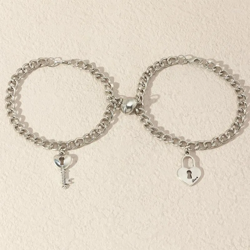 Chaîne à maillons KX4C coeur aimant Couple Bracelet mode charme cadeau amoureux serrure clé bijoux Fawn22