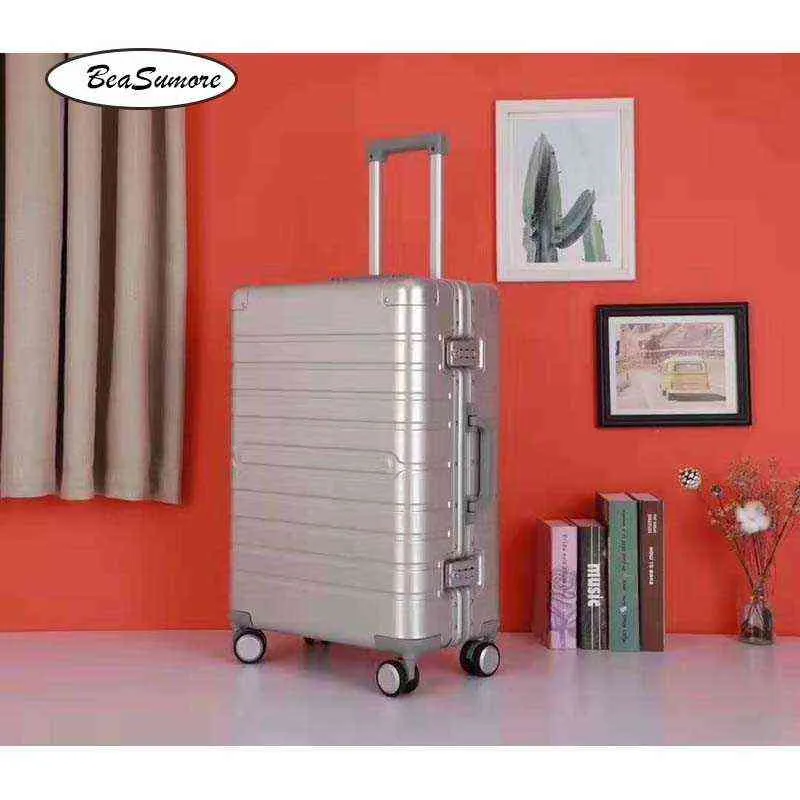 Beasumore Retro Aluminium Rolling Luggage Spinner高品質のスーツケースホイールメンビジネスインチキャビントロリーJ220707