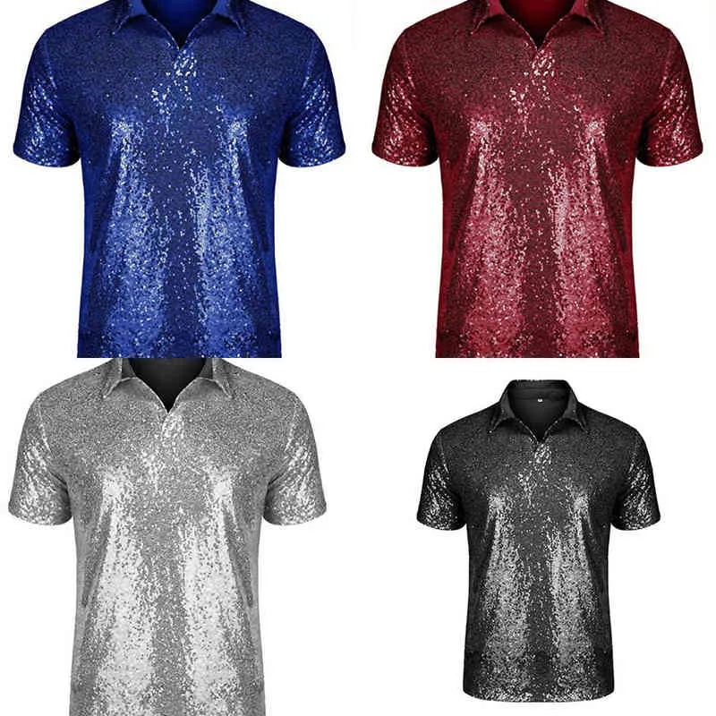 Camisetas masculinas 2022 Novo manga curta casual de moda lantejas dobradas 10 colorido Disco Nightclub Party Party Top Top Men's Clothing Y220606