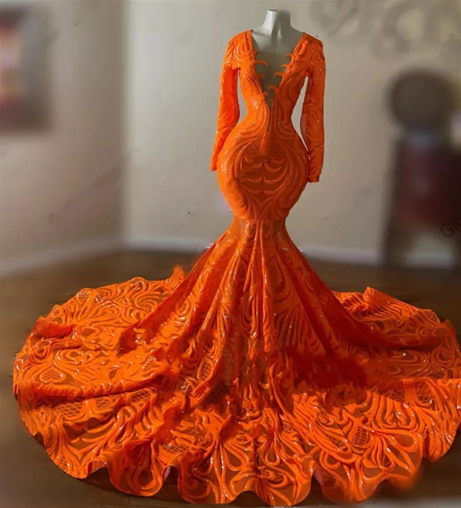 Orange O Neck Long Prom Dress per ragazze nere 2022 Appliques Abito da festa di compleanno Abito da sirena Celebrity Dresses Robe de Soir