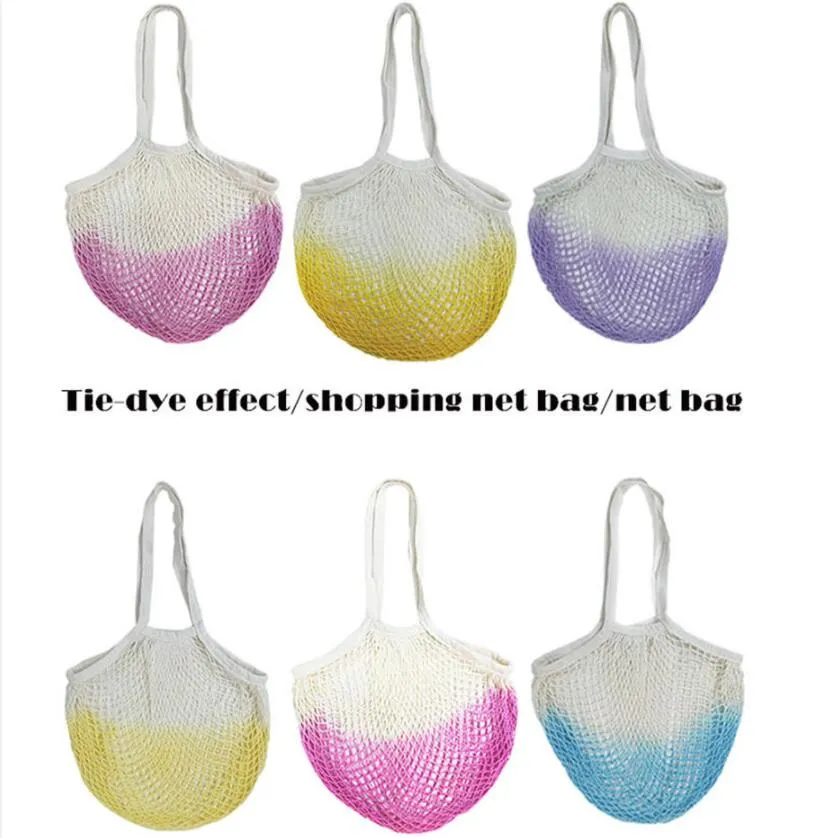 Tie-dye Shopping Bags Shopper Tote Handbag Mesh Net Woven Cotton Pouch Short Handle Reusable Fruit Storage Bag Home Vegetables Organizer Sea Ship B8204-2