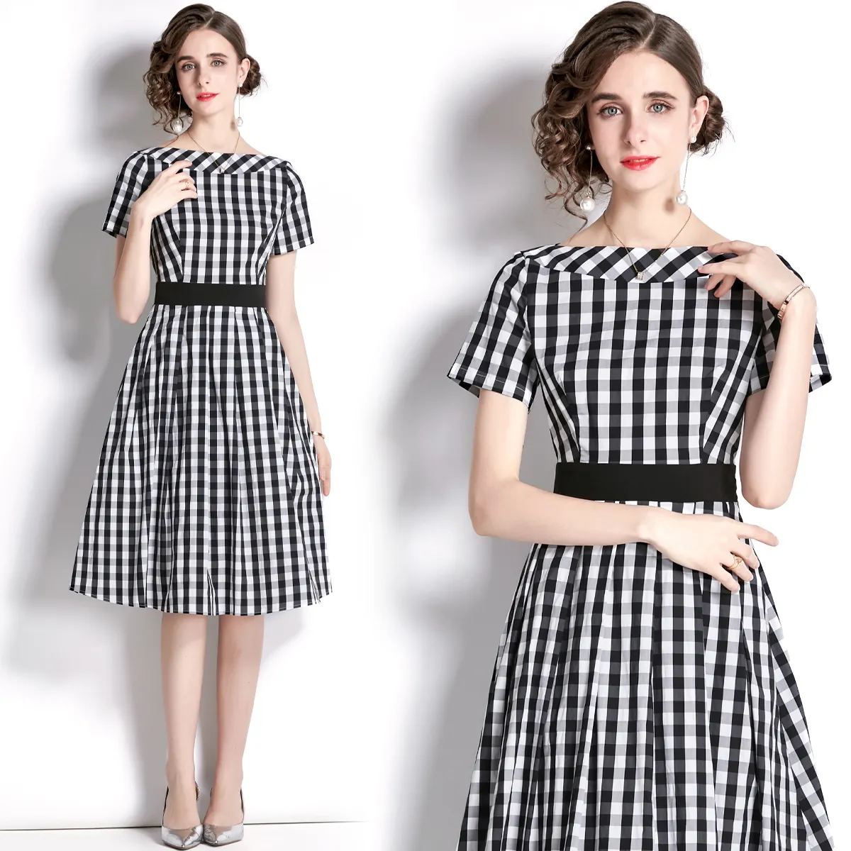 2022 Trend Boutique Plaid Dress Womens Summer Dress Temperament Elegant Lady Dresses OL Short Sleeve Dress