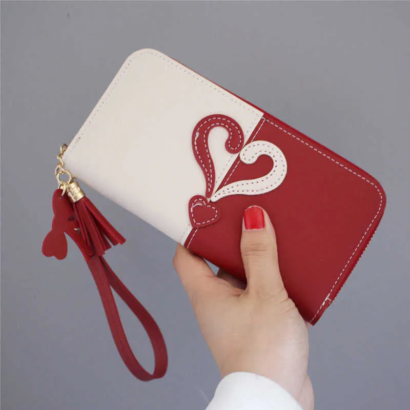 LIUS Luxury Designer bag simple wallet female long love sweet Student Korean soft leather clip zipper handbag contrast color