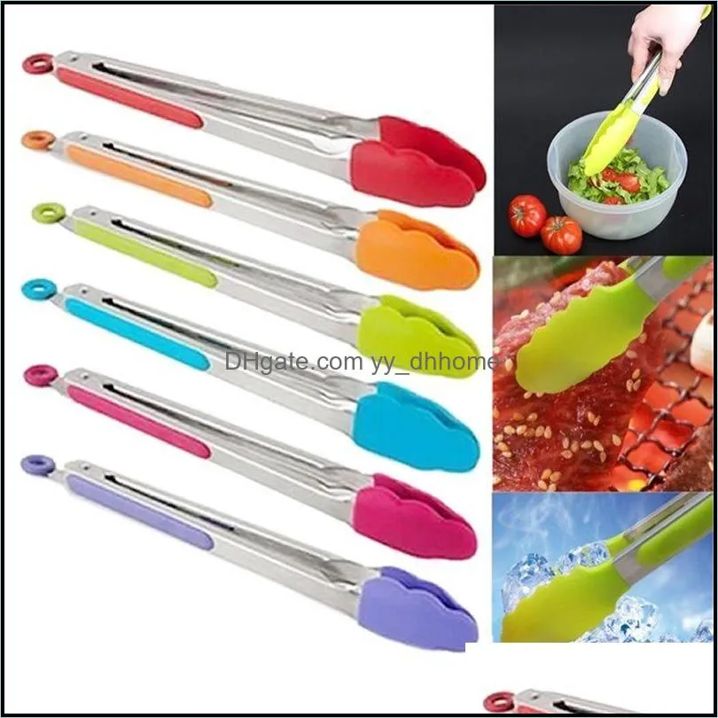 1Pcs Hot Sale Stainless Steel Plastic BBQ Tongs Clip Salad Bread Serving Tongs Kitchen Tools Wholesale Random Color